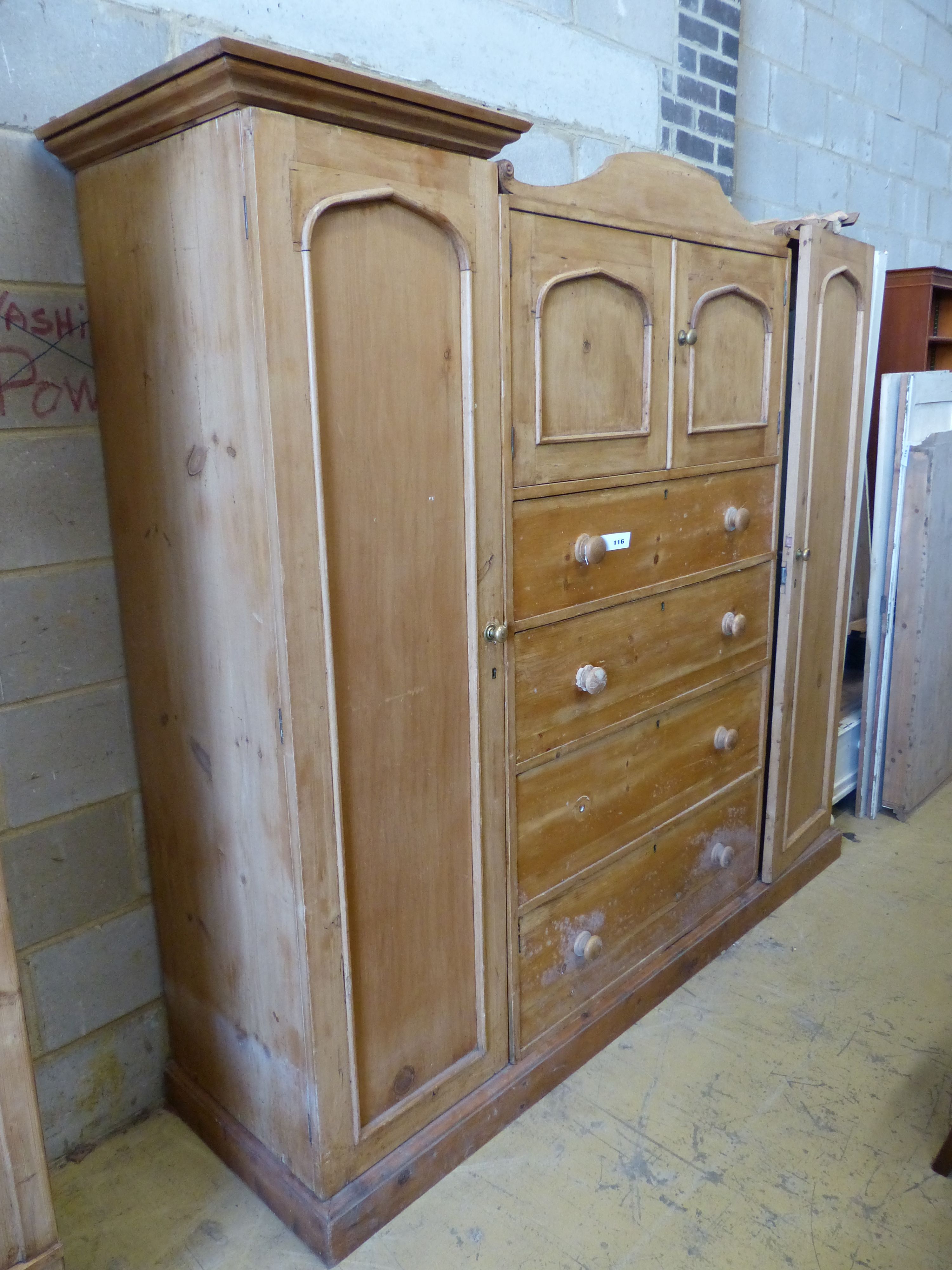 A Victorian pine compactum wardrobe, length 204cm, depth 55cm, height 184cm